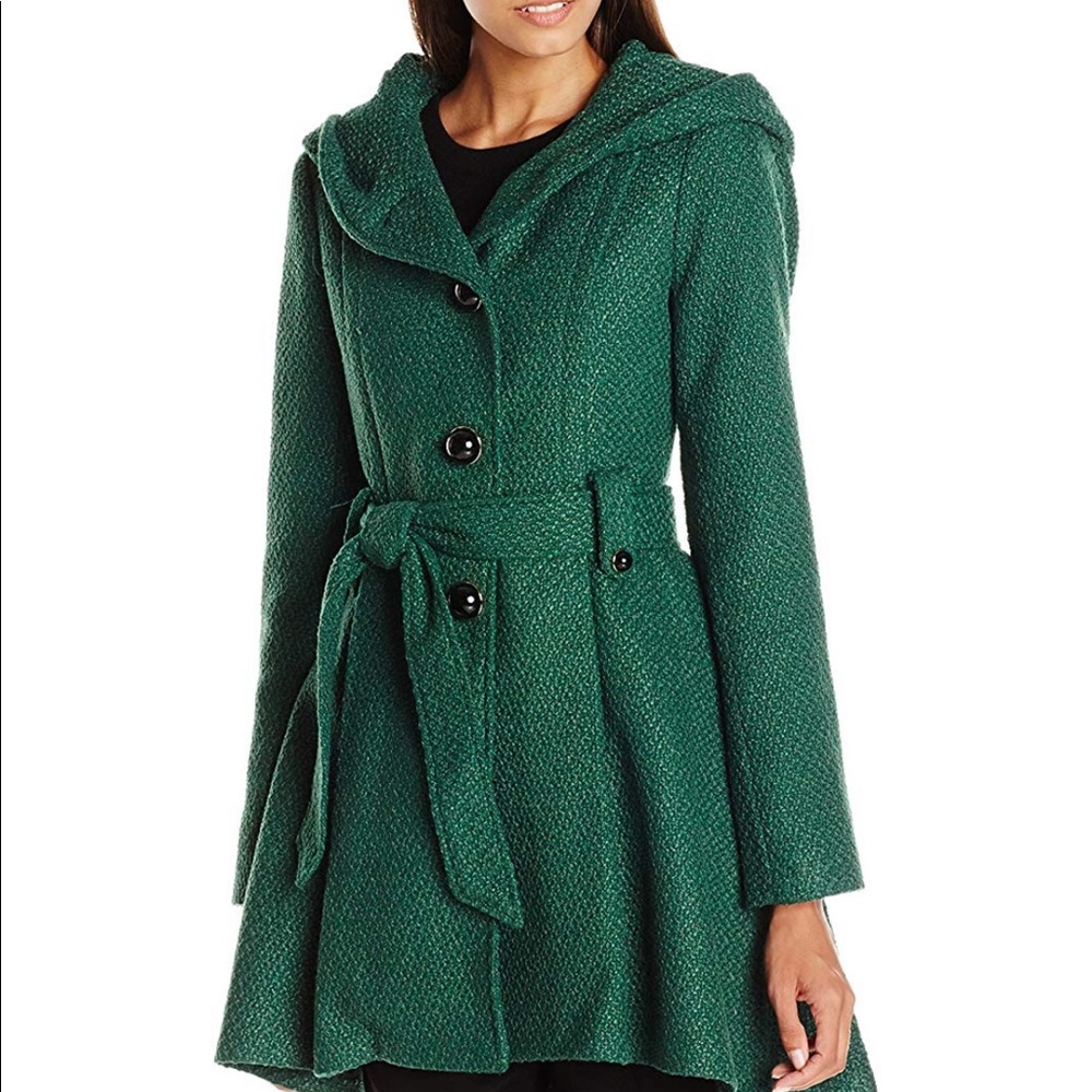 Hooded green flared trench coat